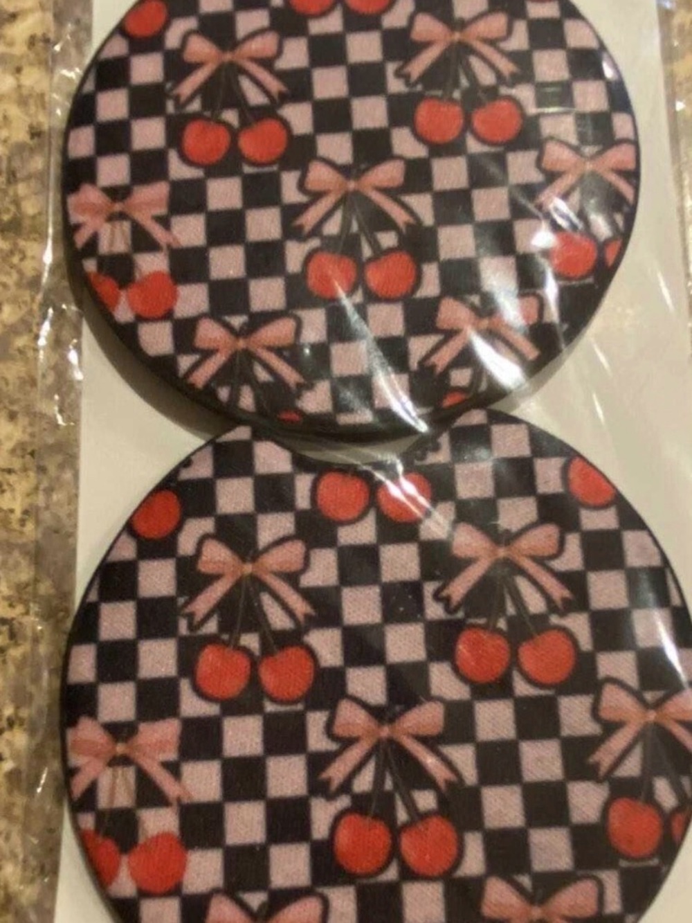 Cherry Checkered Car Coasters - Pink Bows & Red Cherries